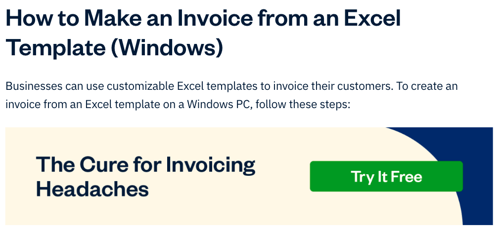 Freshbooks' content offering an Excel invoice template followed by a call to action to try Freshbooks for free.