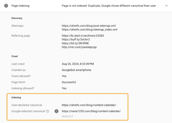 Google chose a different canonical than user for one of Ahrefs pages