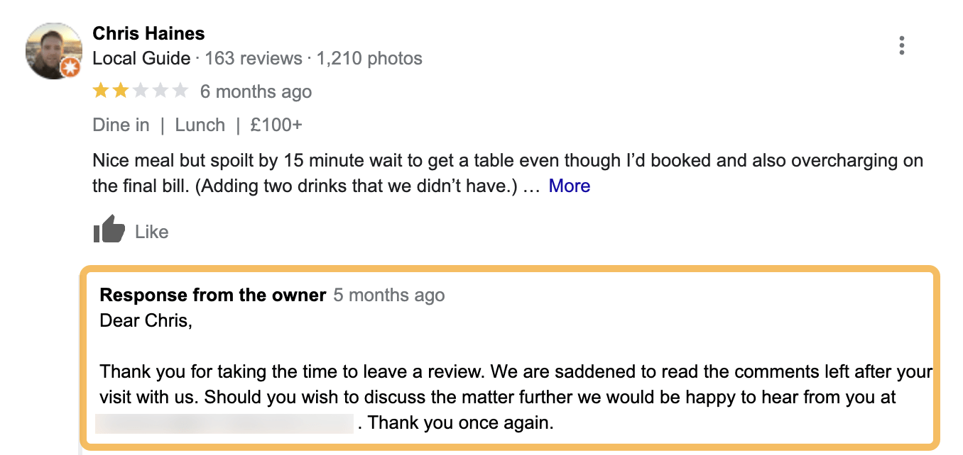 Negative review example, via Chris Haines on Google Local Guides 
