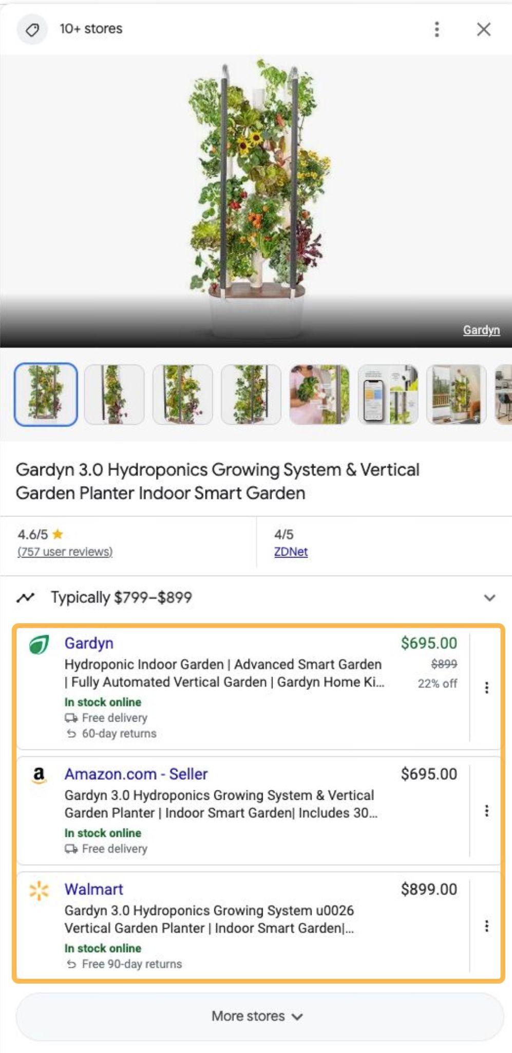 Product panel that opens in Google's interface directing searchers to a number of merchant's selling the same product.