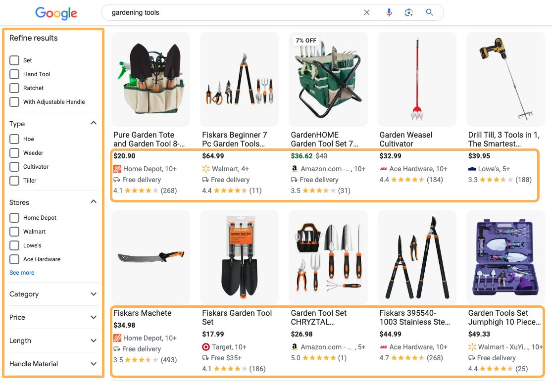 Product tiles appearing in Google search results for the keyword "gardening tools".