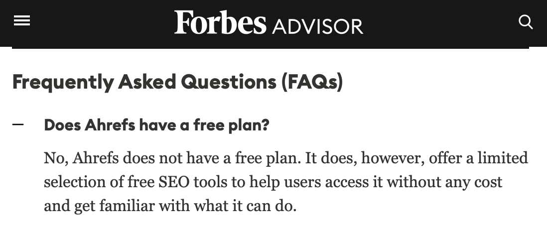 Screenshot from Forbes Advisor that has an FAQs section that doesn't specifically mention Ahrefs Webmaster Tools (AWT)