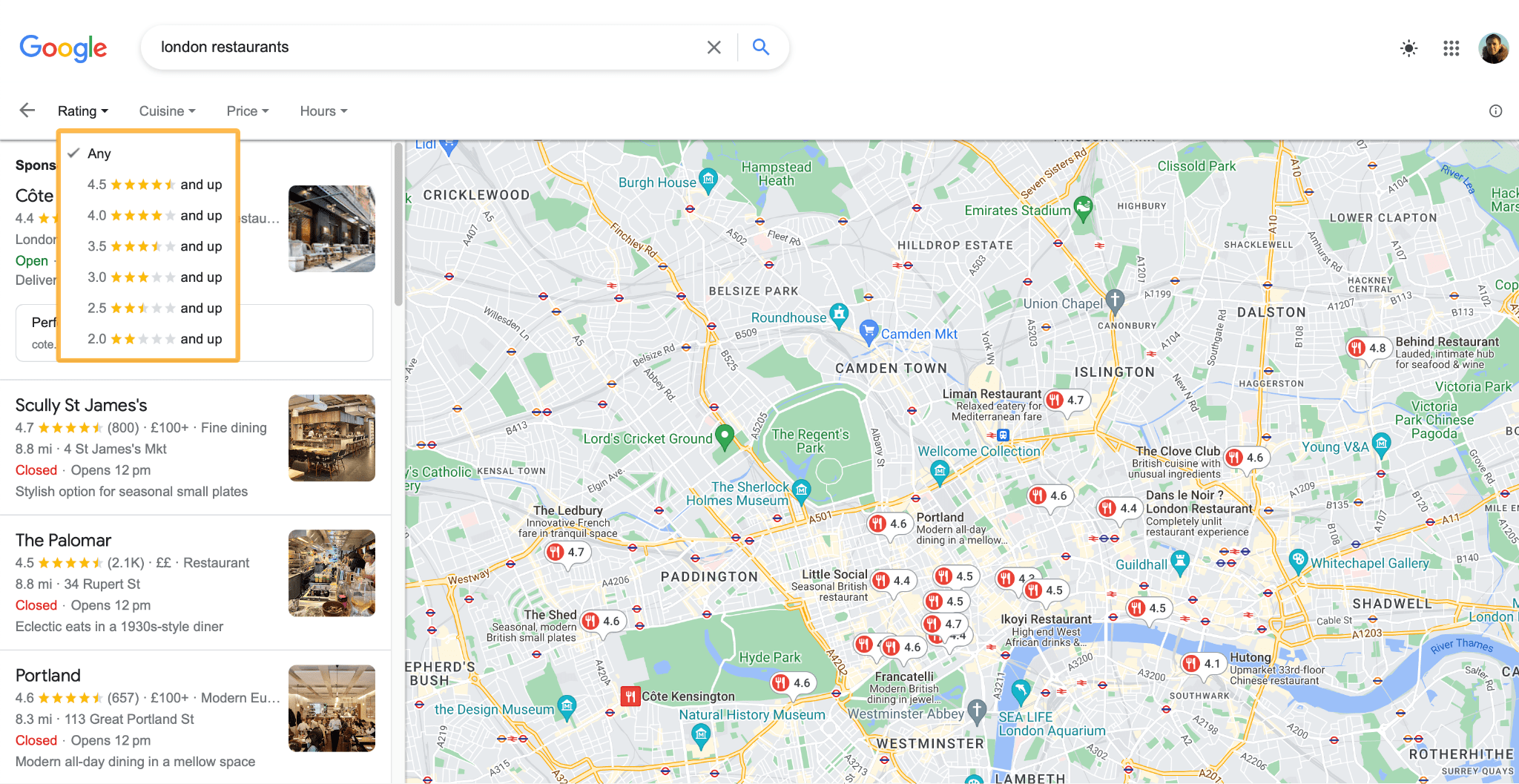 Star rating filter example, via Google Maps