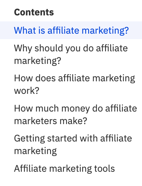 Table of contents for my affiliate marketing post