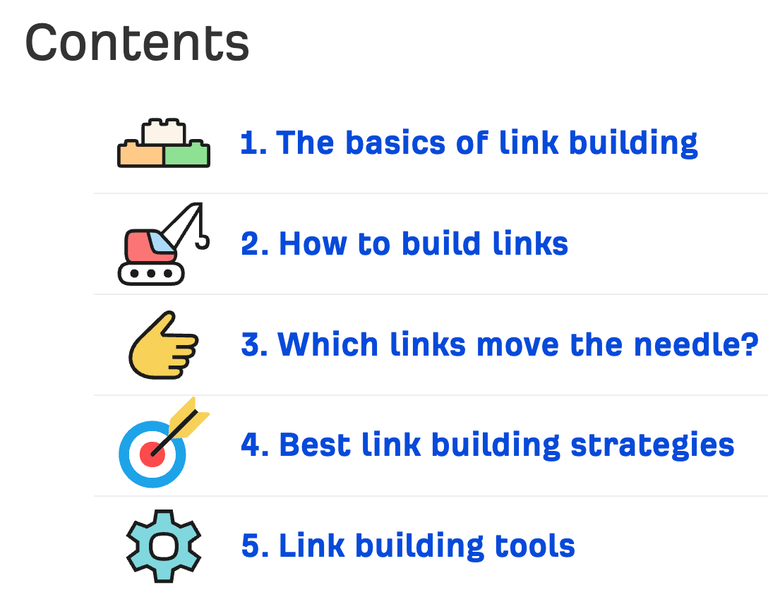 Table of contents for our link building post