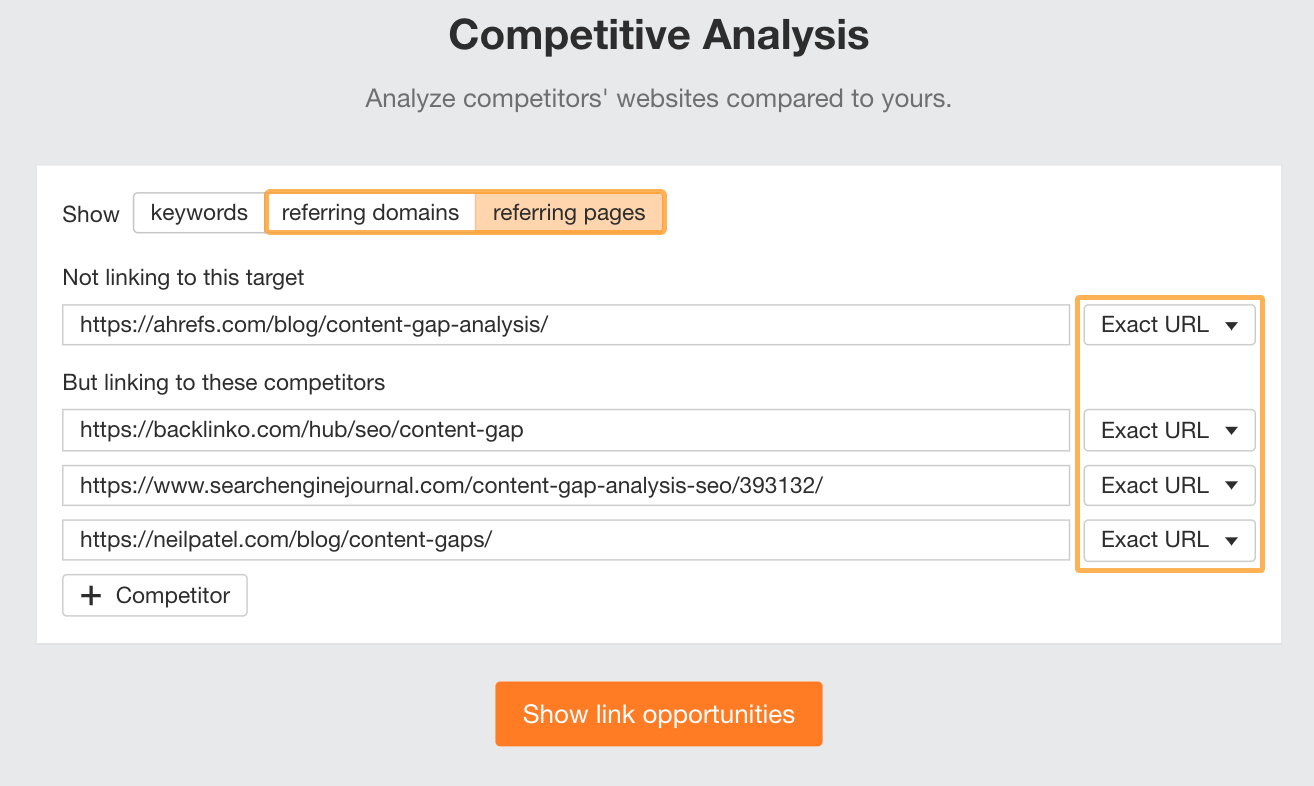 Using Ahrefs' Competitive Analysis report to find backlink gaps.