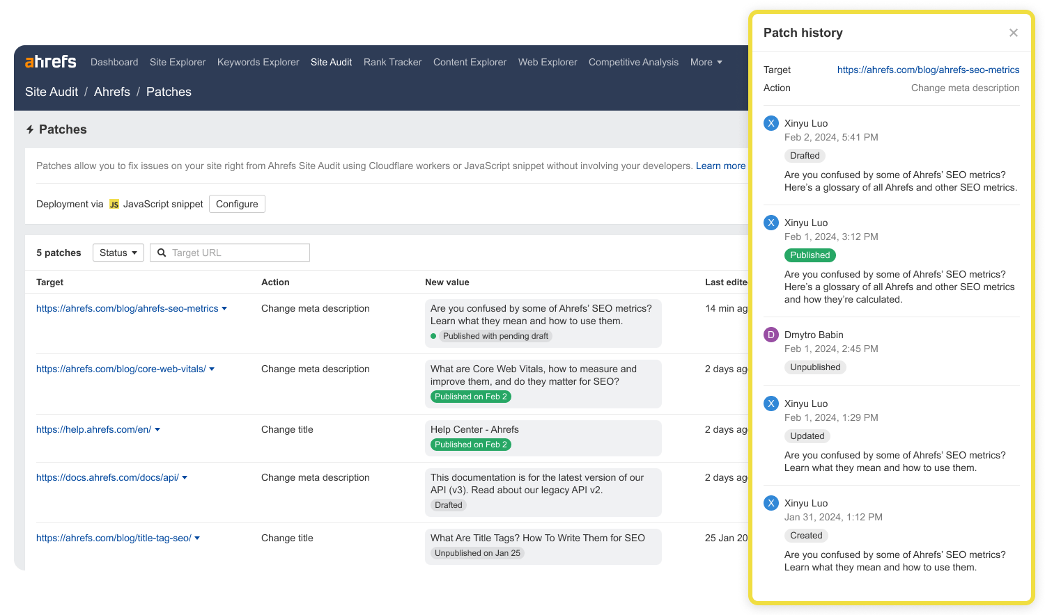 Patch history in Site Audit