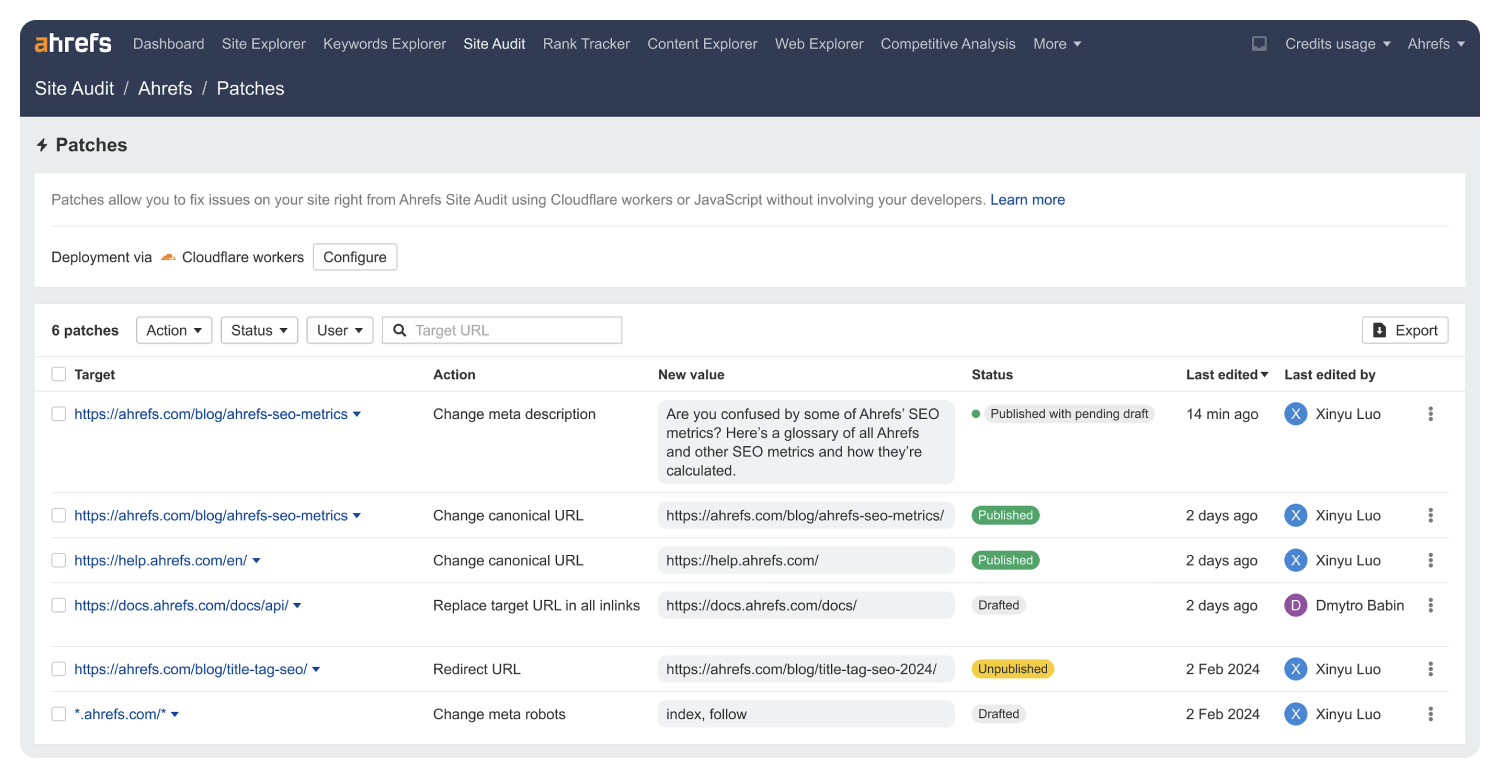 Patches report in Site Audit