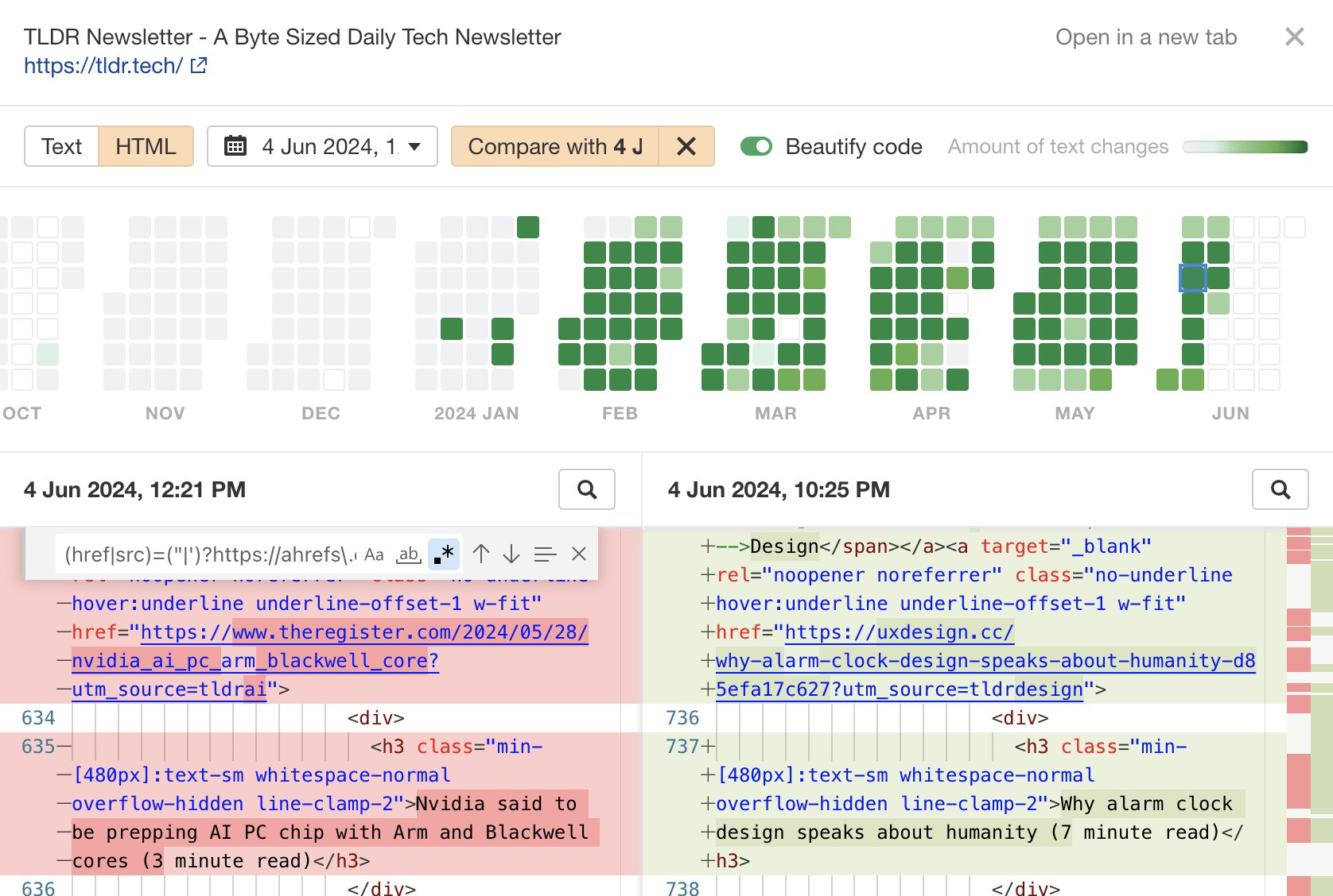 Changes shown in the Page Inspect tool