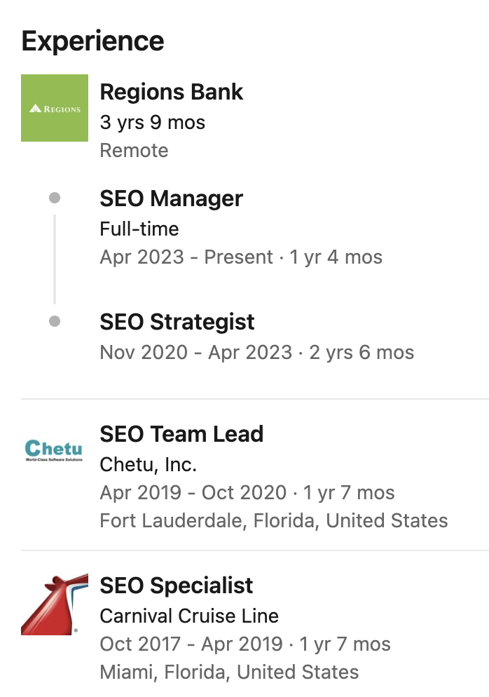 Example of an SEO manager moving between companies