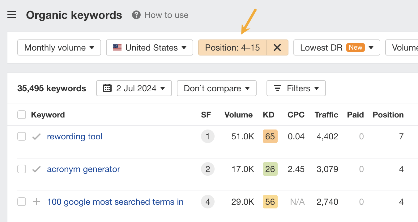 Filtering for keyword rankings in positions 4-15 in Site Explorer