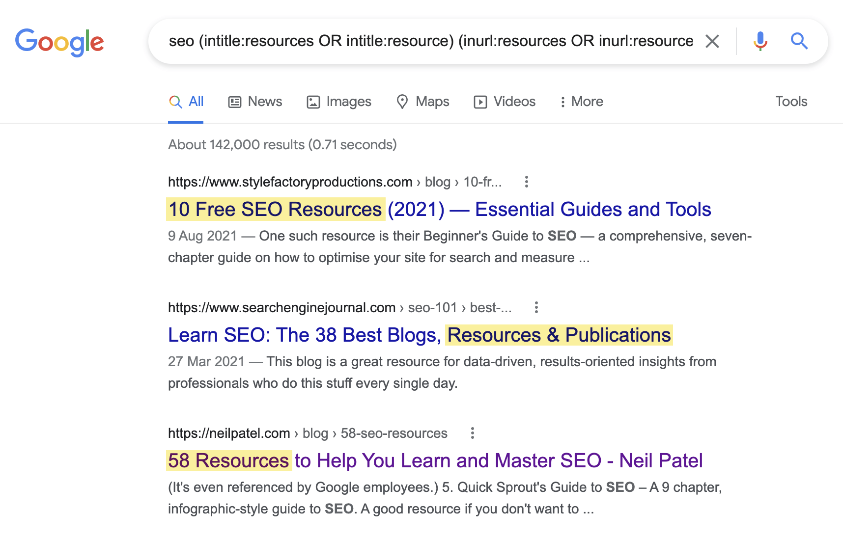 Google search results with search operators applied