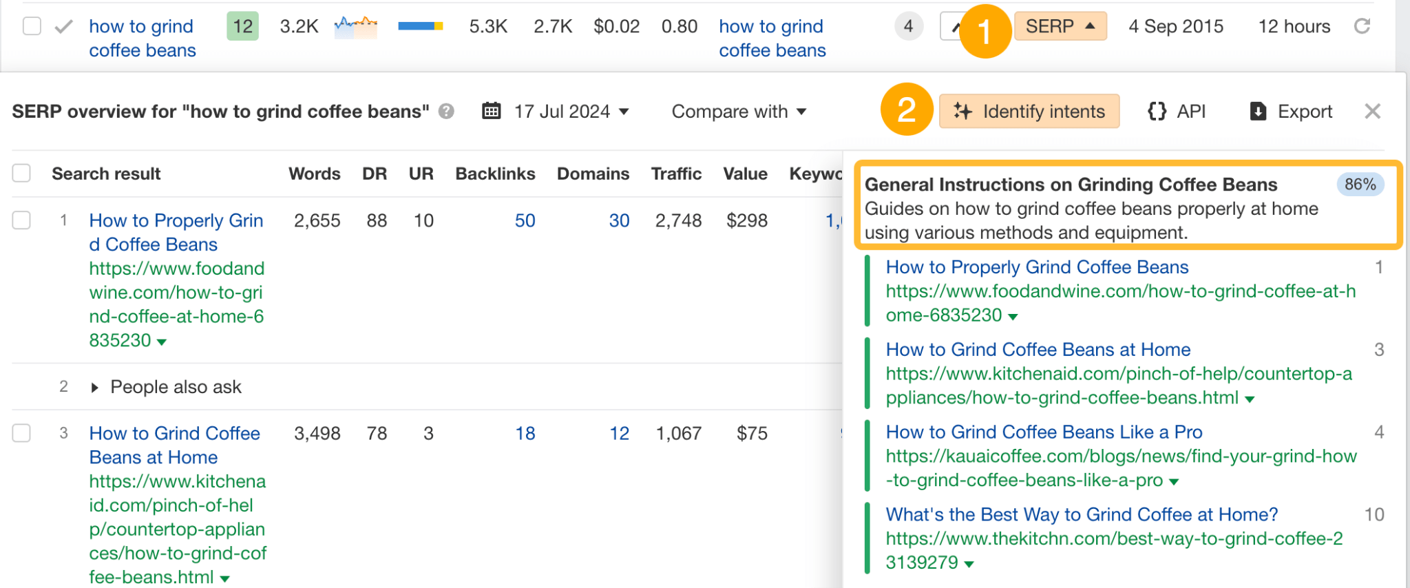 La fonctionnalité d'identification des intentions dans l'explorateur de mots-clés d'Ahrefs