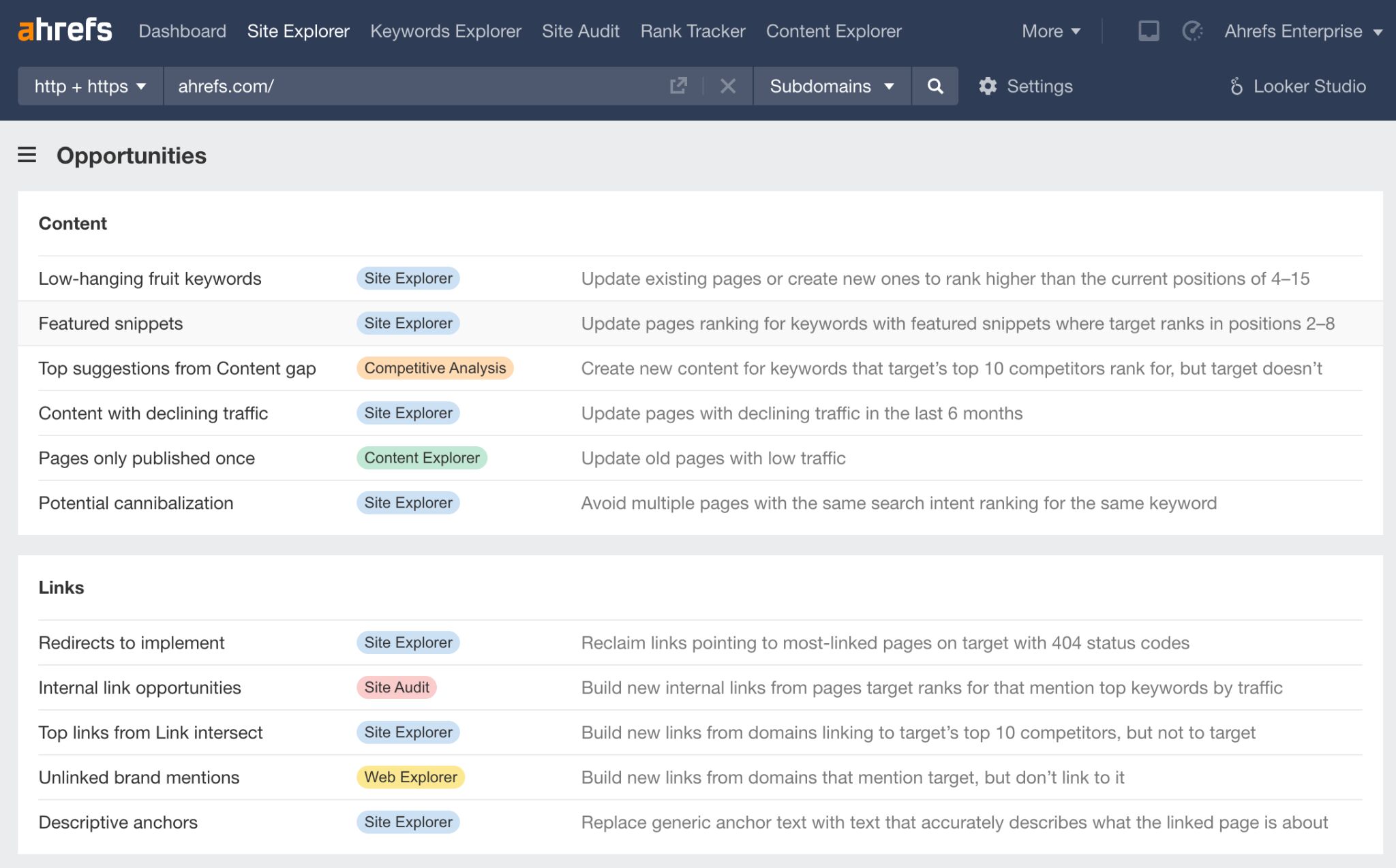 The Opportunities report in Site Explorer. Perfect for finding low-hanging fruit opportunities!