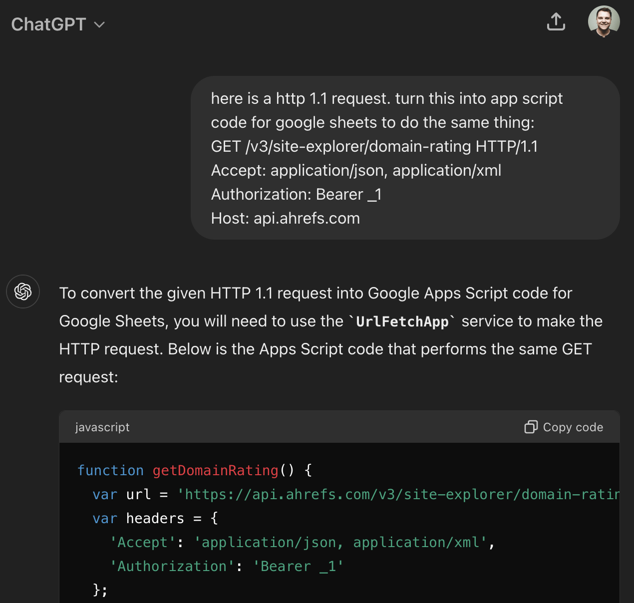 Using ChatGPT to generate Ahrefs API code