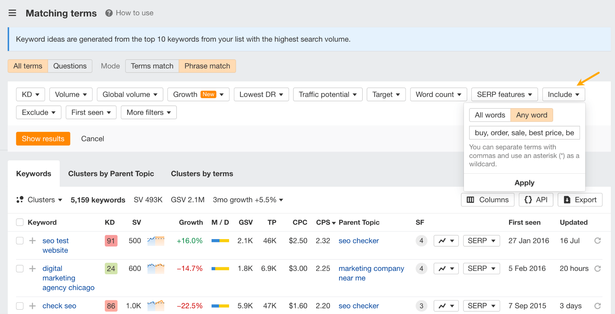 Matching terms report 