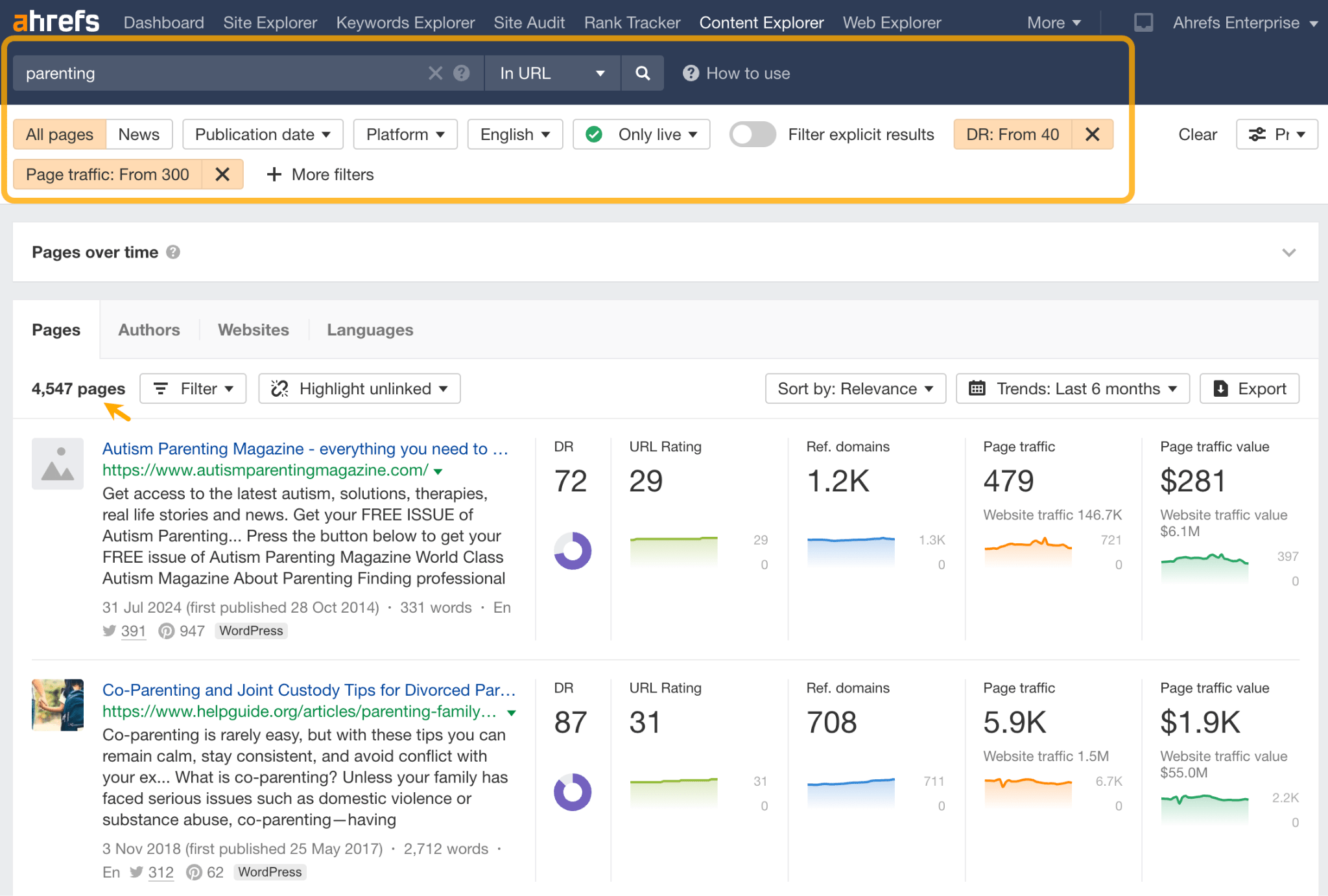 Ahrefs' Content Explorer