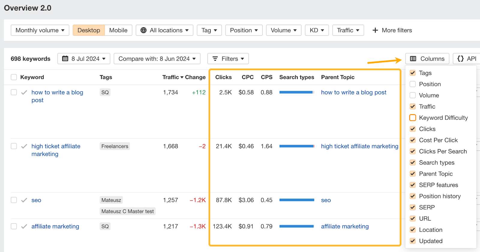 Customize columns for metrics