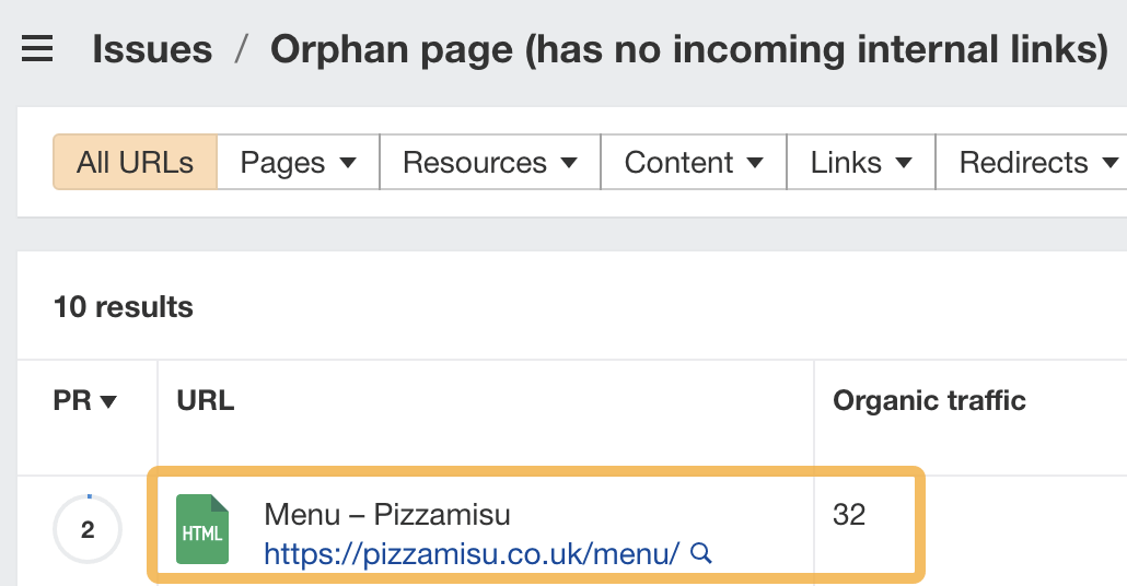 Example of an orphan page issue