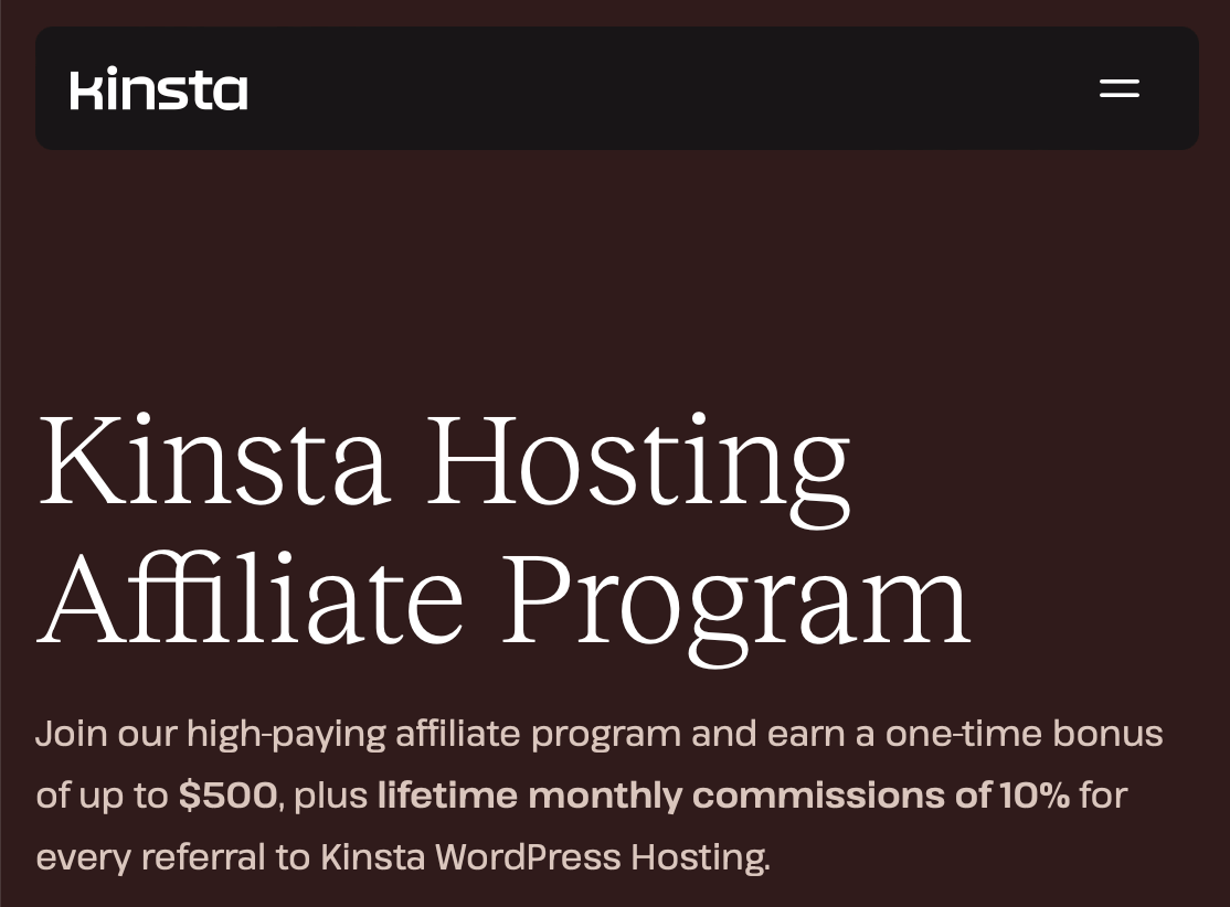 Kinsta Affiliate Page Screenshot