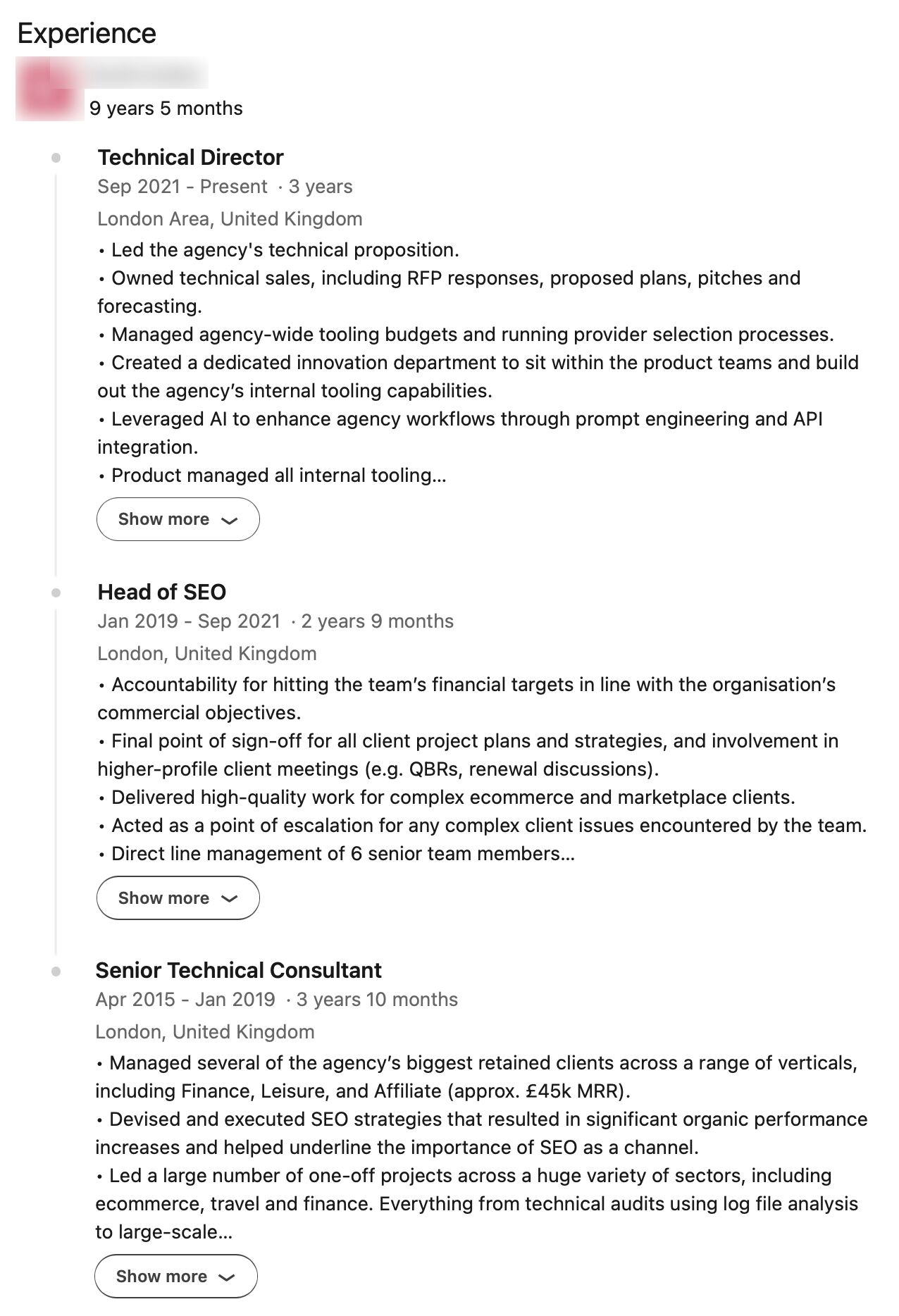 LinkedIn Resume Example For Technical SEO Specialist