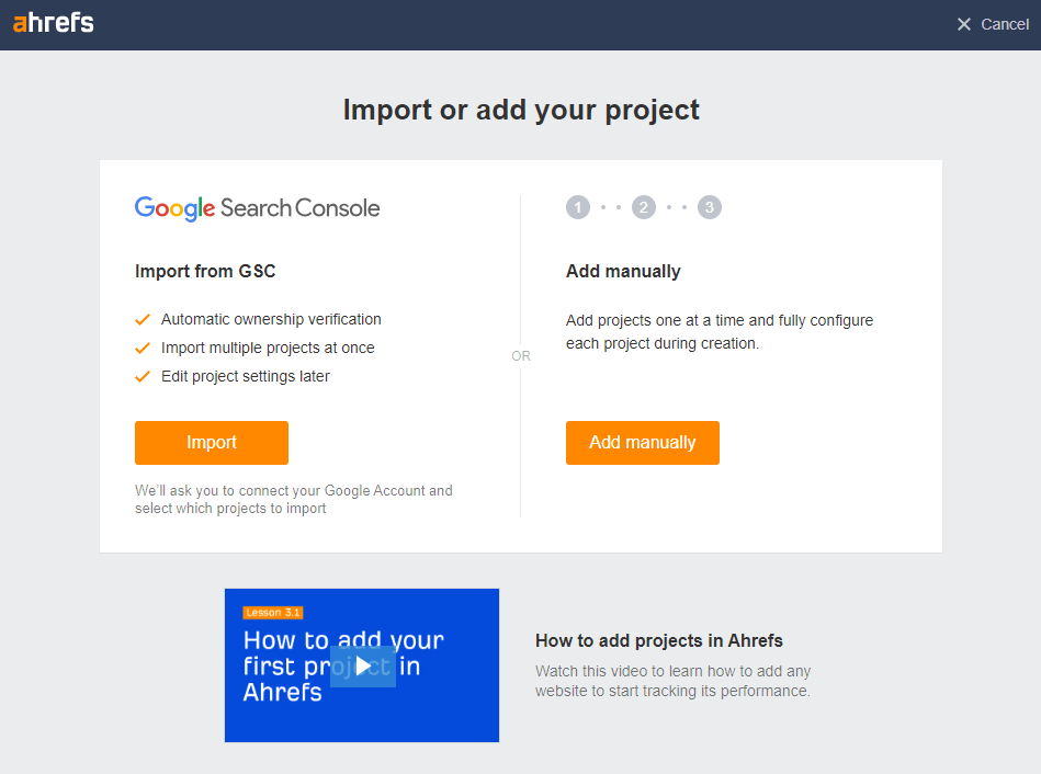 Screenshot of import/add project page in Ahrefs Site Audit