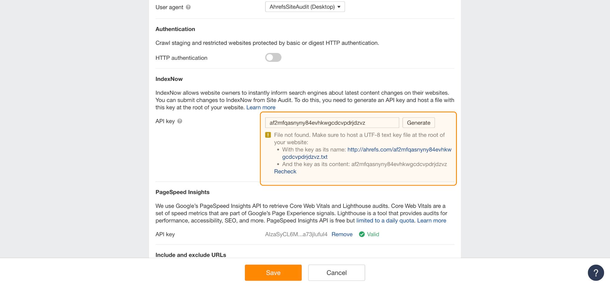 screenshot of IndexNow API key in Ahrefs Site Audit