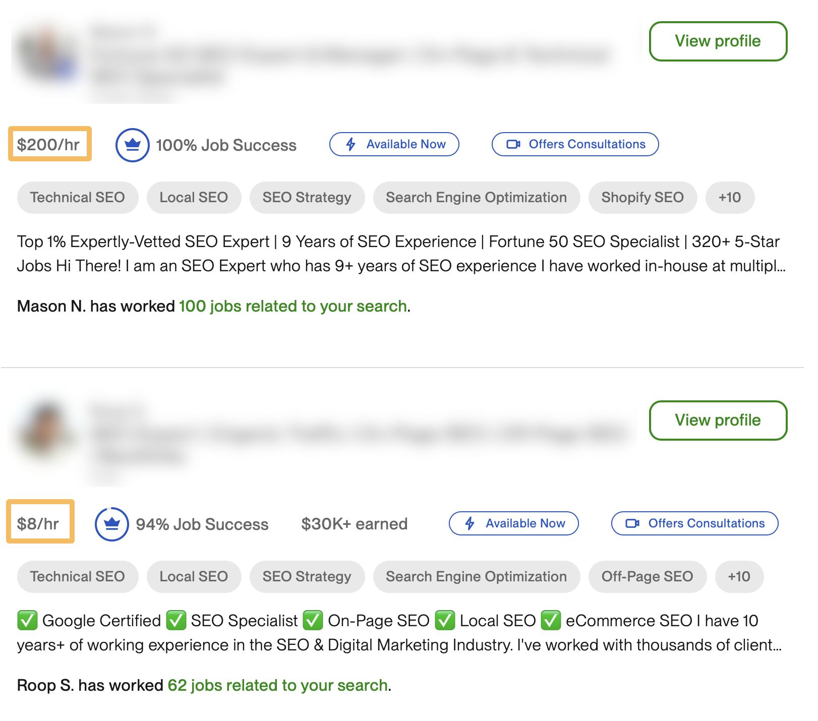 Upwork Technical SEO Cost Screenshot