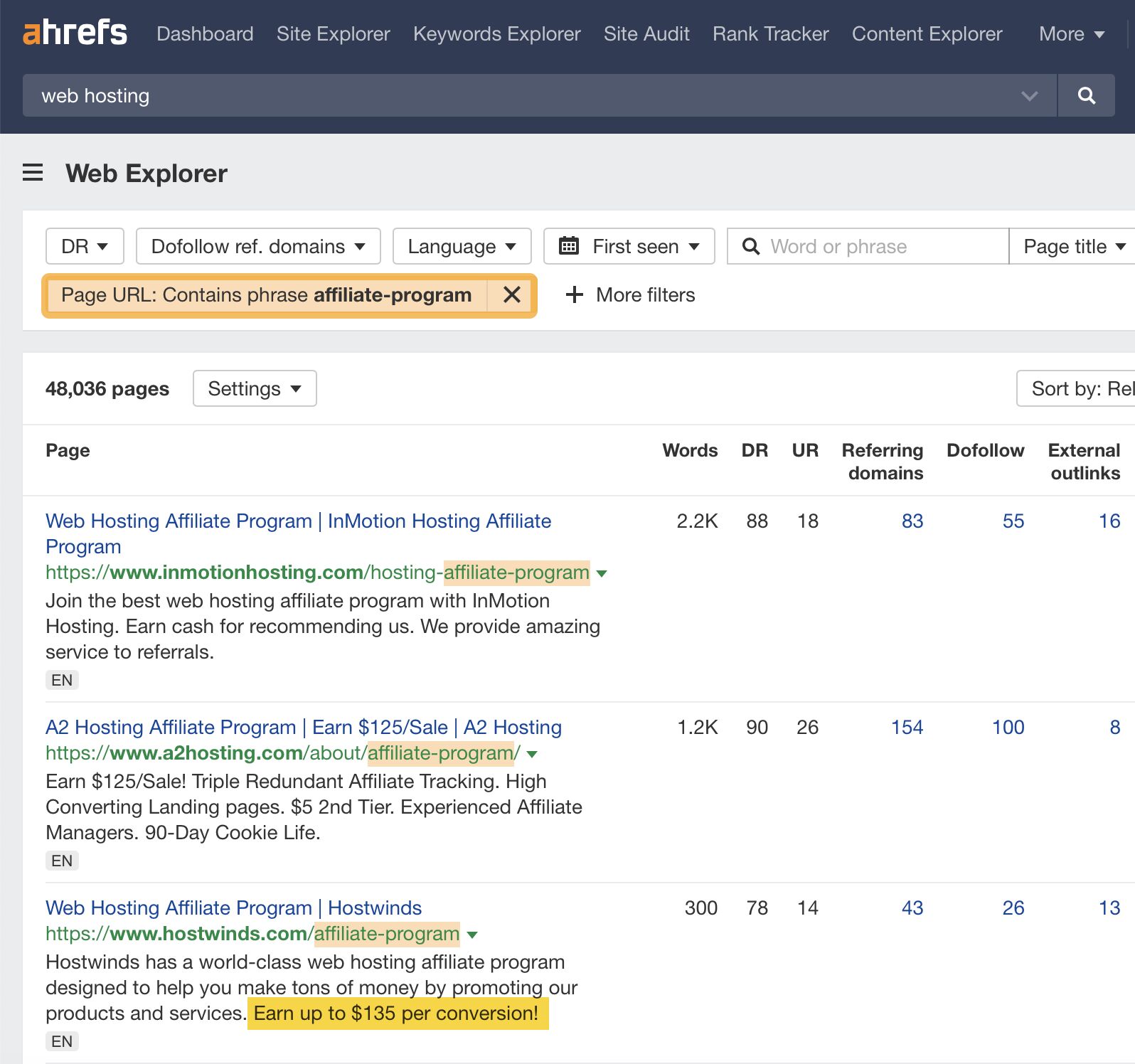 Using Ahrefs' Web Explorer to Find Affiliate Programs