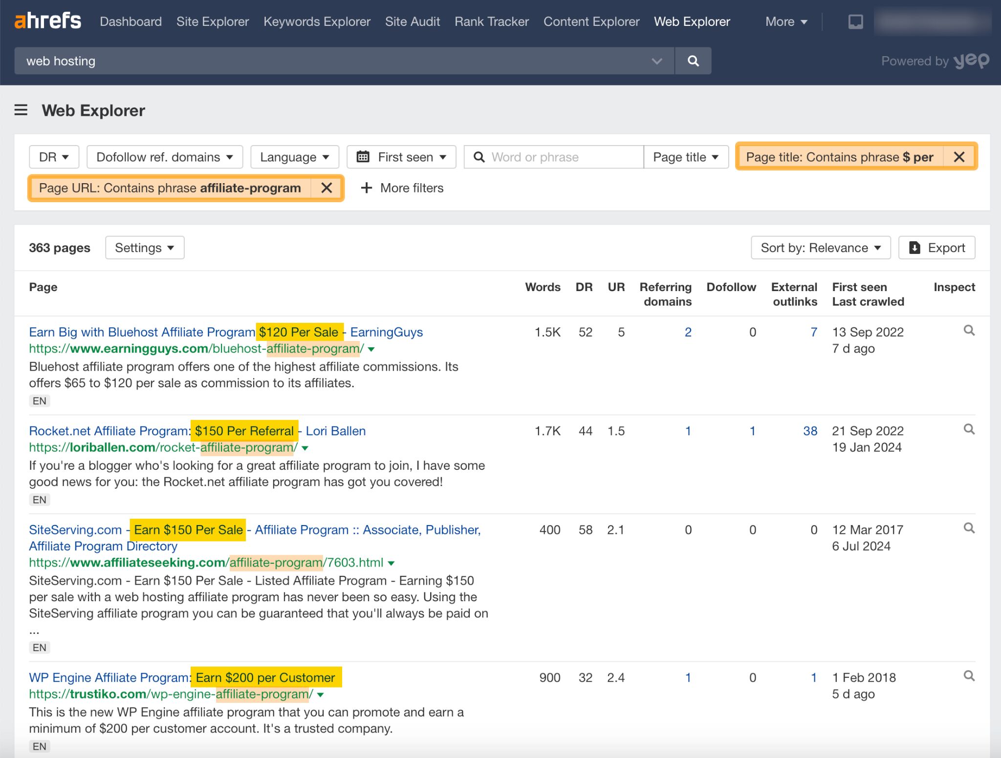 Using Ahrefs' Web Explorer Using Two Filters To Find High Ticket Affiliate Marketing Programs