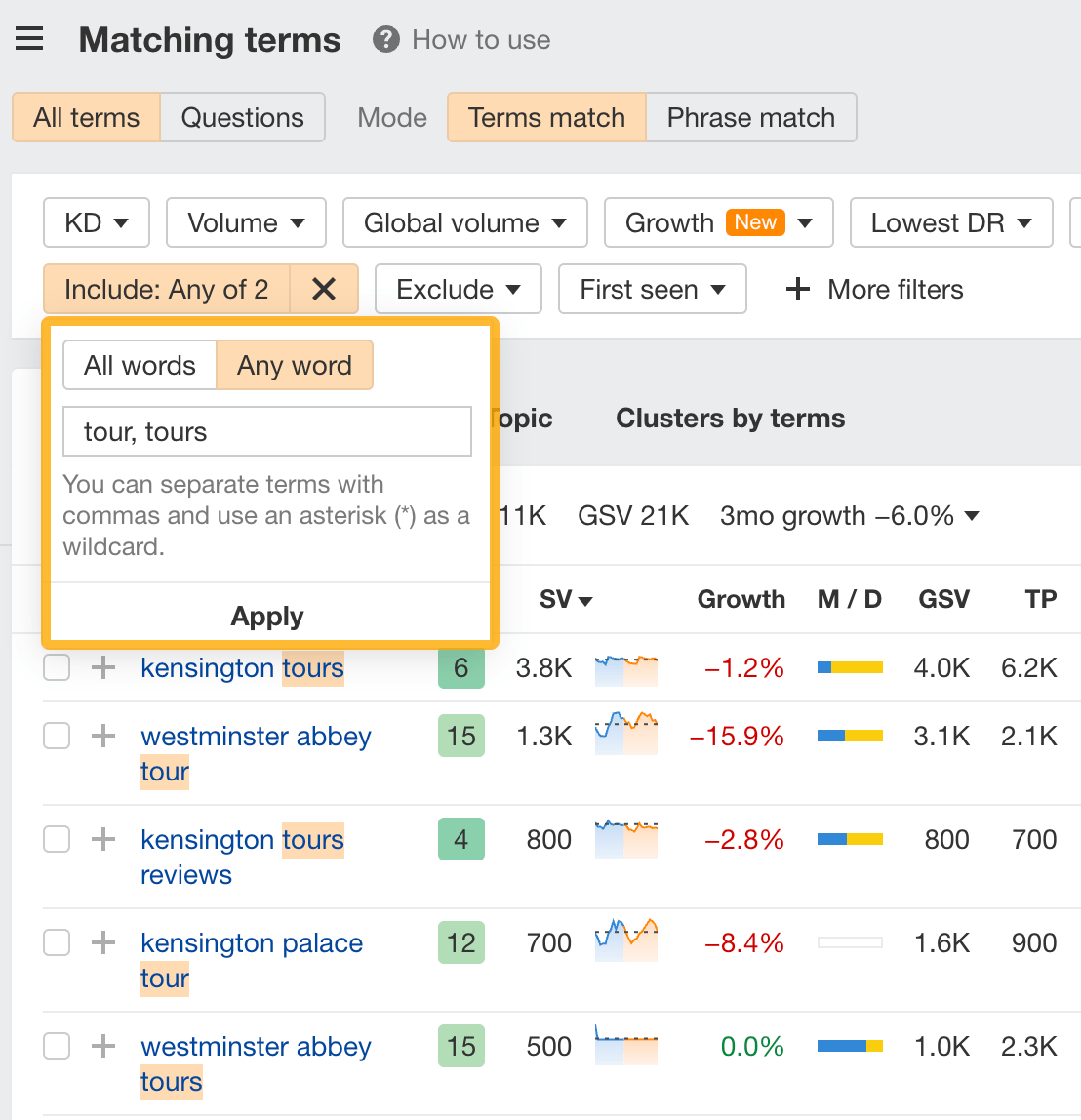 Using the Include filter to search for "tour" keywords