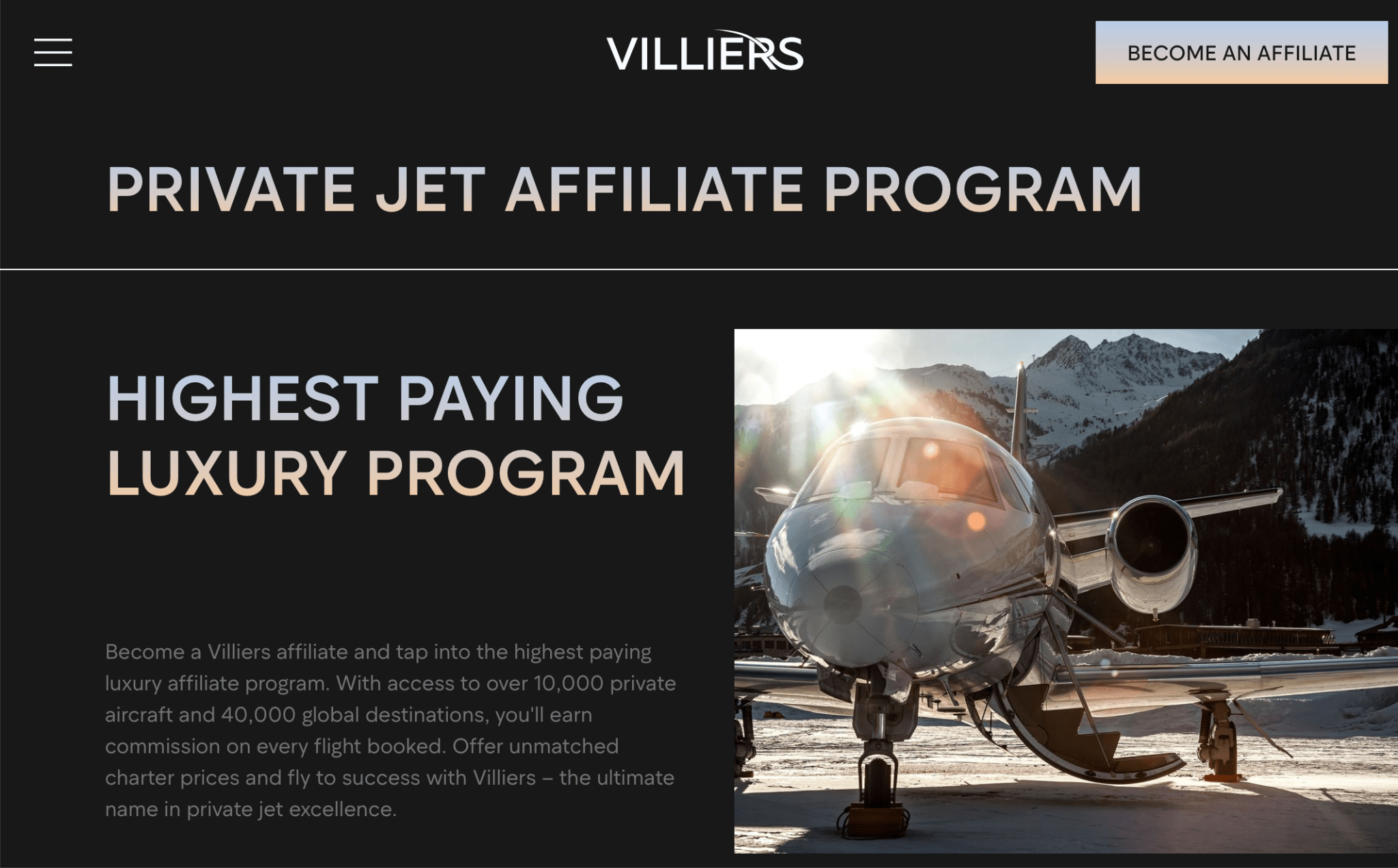 Villiers Private Jet Affiliate Program Screenshot