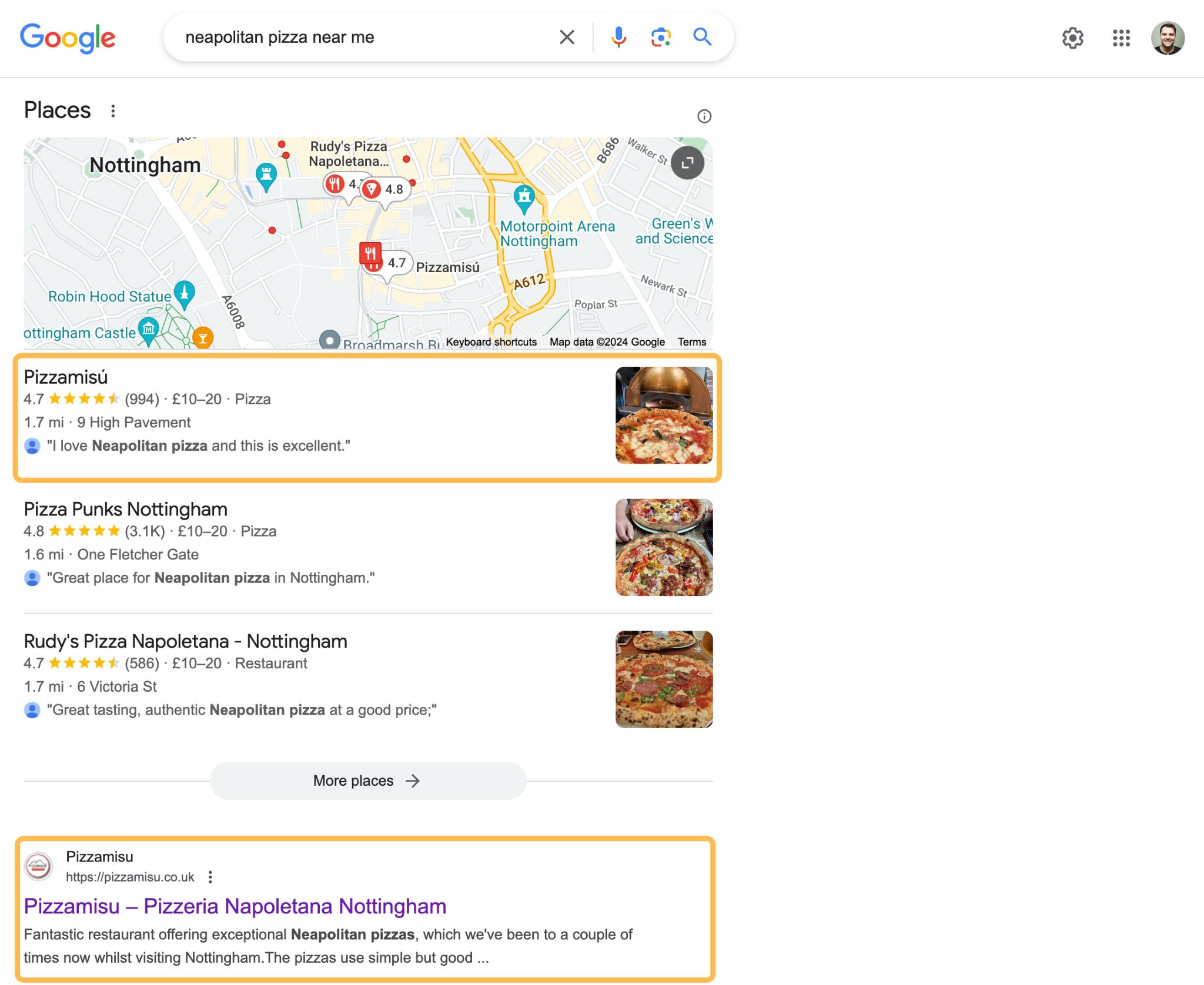 This pizzeria ranks #1 in the local pack and "blue link" results because it's nearby, exactly what I was searching for, and has a great reputation