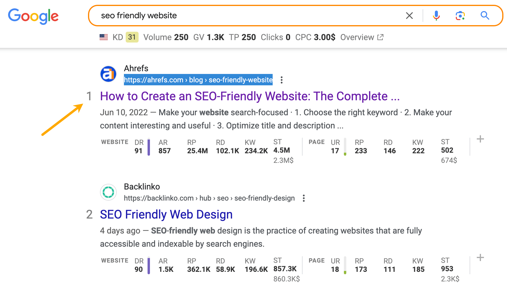 Example of product-led content ranking in top 10.