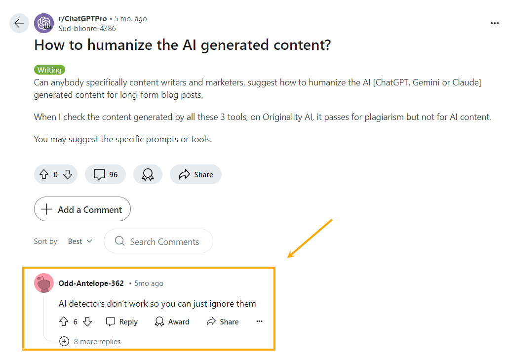 Subreddit post highlighting issues with AI Content Detectors