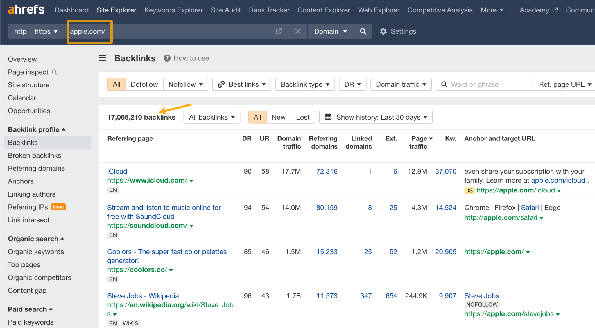 A backlinks report in Ahrefs Site Explorer.