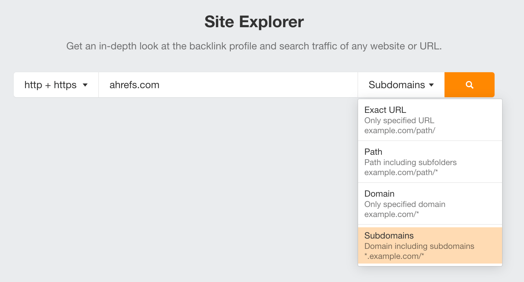 Checking backlinks with site explorer - choosing modes.