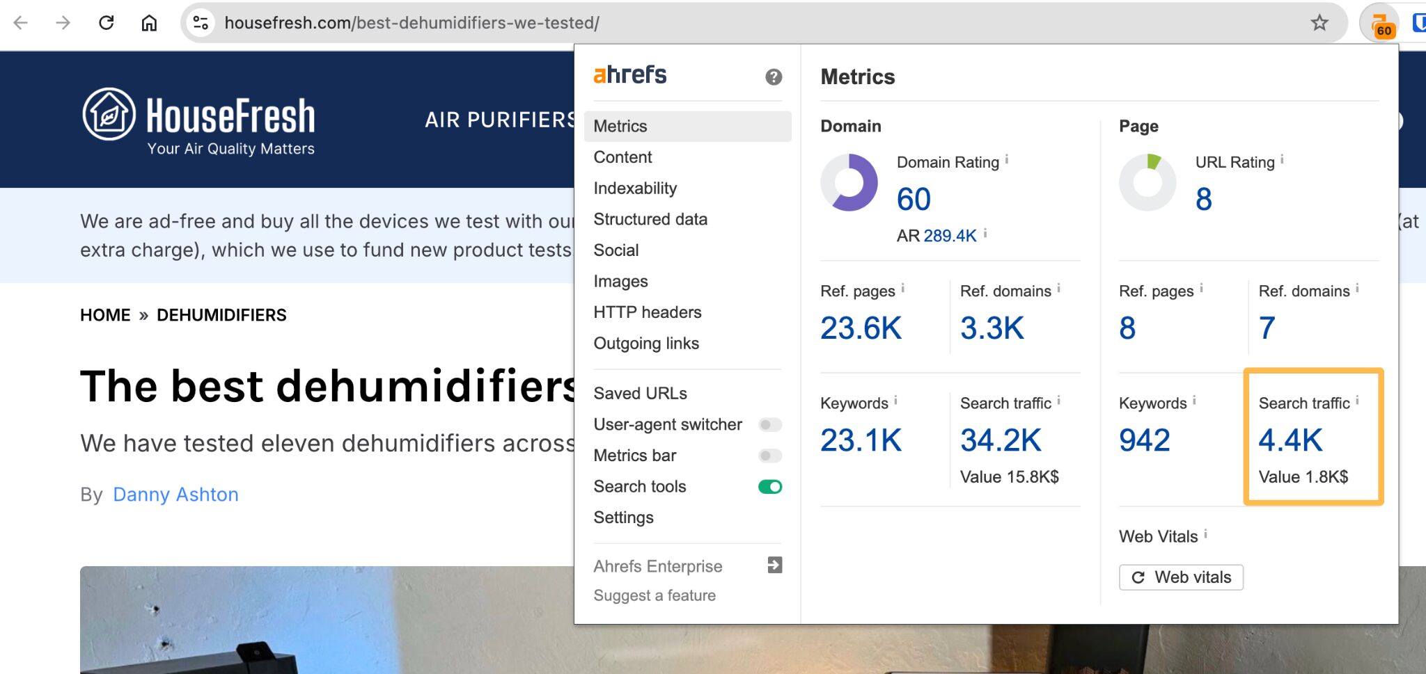 Estimated monthly organic search traffic to a top-ranking list of best dehumidifiers