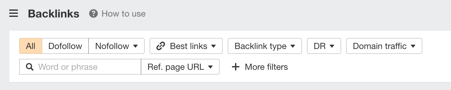 Filters in backlinks report. 