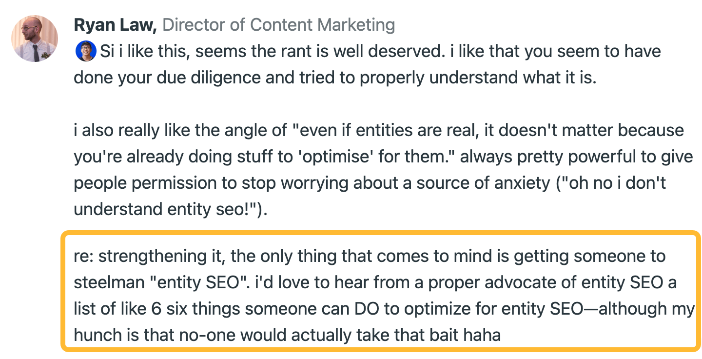 Ryan's feedback on my post on entity SEO