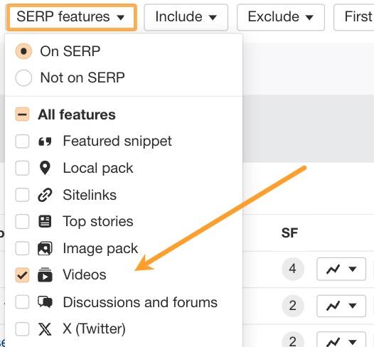 SERP feature filter in Ahrefs with 