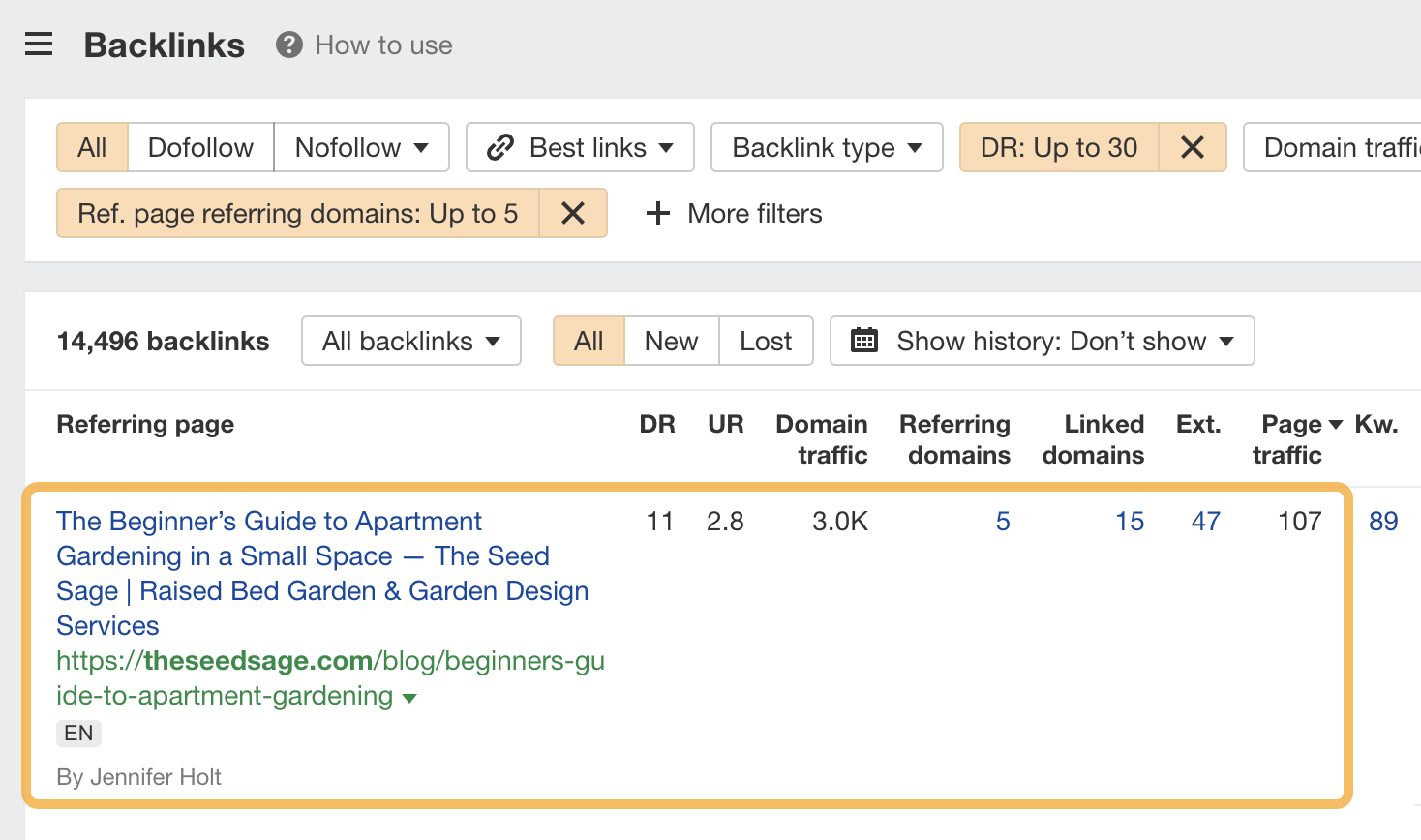 Use the DR and referring domains filters to find low-hanging fruit