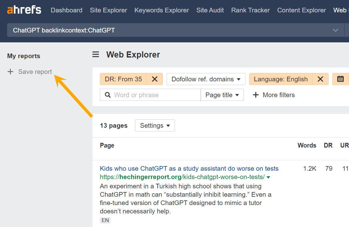 Ahrefs Web Explorer 'Save report' button