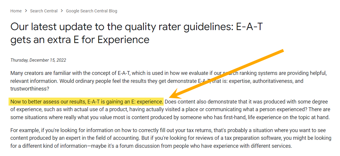 Google's announcement of EEAT in Google Guidelines