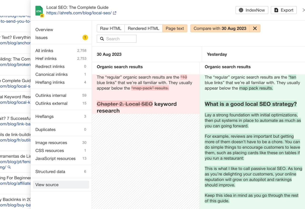 Side-by-side page text changes in Ahrefs Site Audit