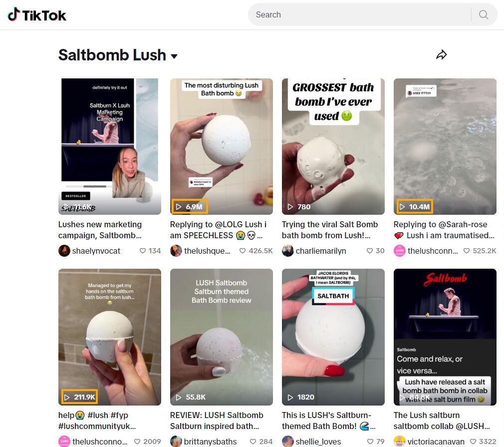 A landing page on TikTok for "Saltbomb Lush" with high view-count videos highlighted