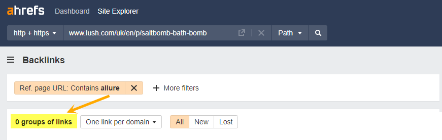 Ahrefs Backlinks report showing zero links from Allure to Lush