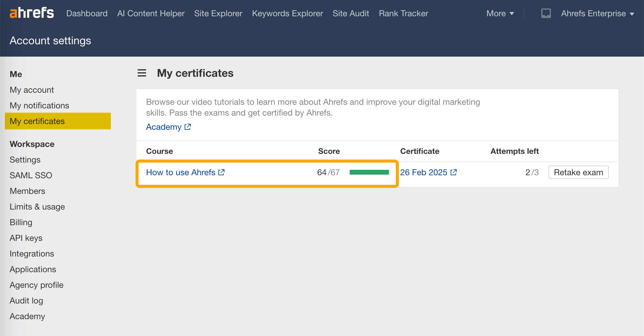 Ahrefs Certification Score