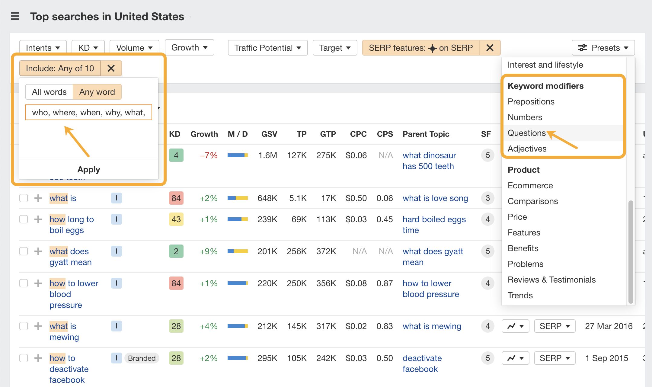 How to find question based keywords in Ahrefs using the question preset in Keywords Explorer