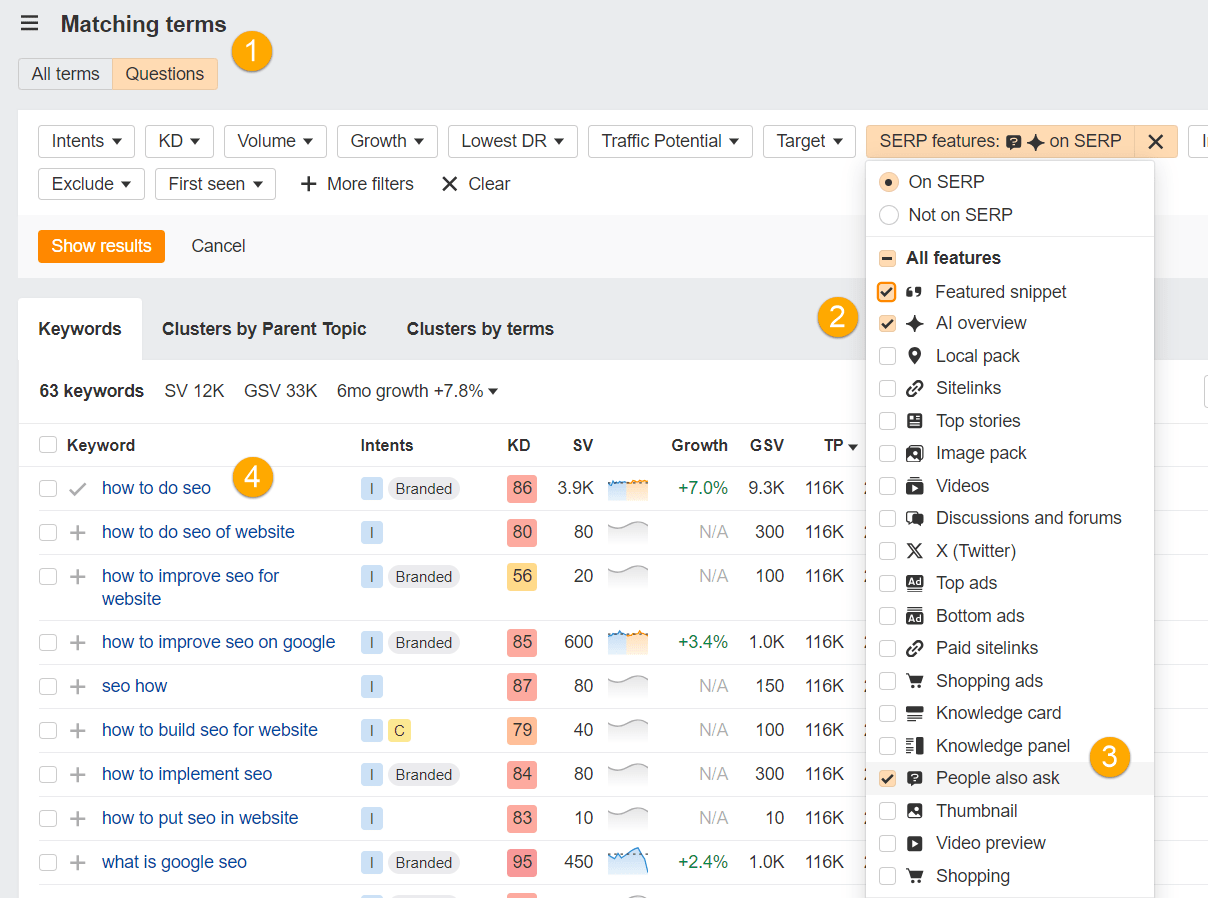 Ahrefs' Matching Terms showing how to find AI Overview keywords/SERPs that also generate other SERP Features like People Also Ask